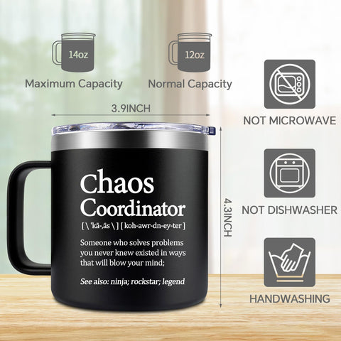 Loecuxe Chaos Coordinator Mug 14oz: doble pared mantiene bebidas a temperatura óptima.