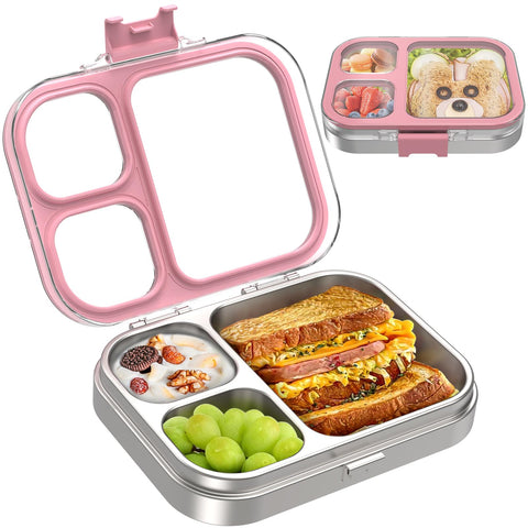 LOHASOK fiambrera infantil de acero inoxidable, rosa, tapa de silicona, segura para meriendas.