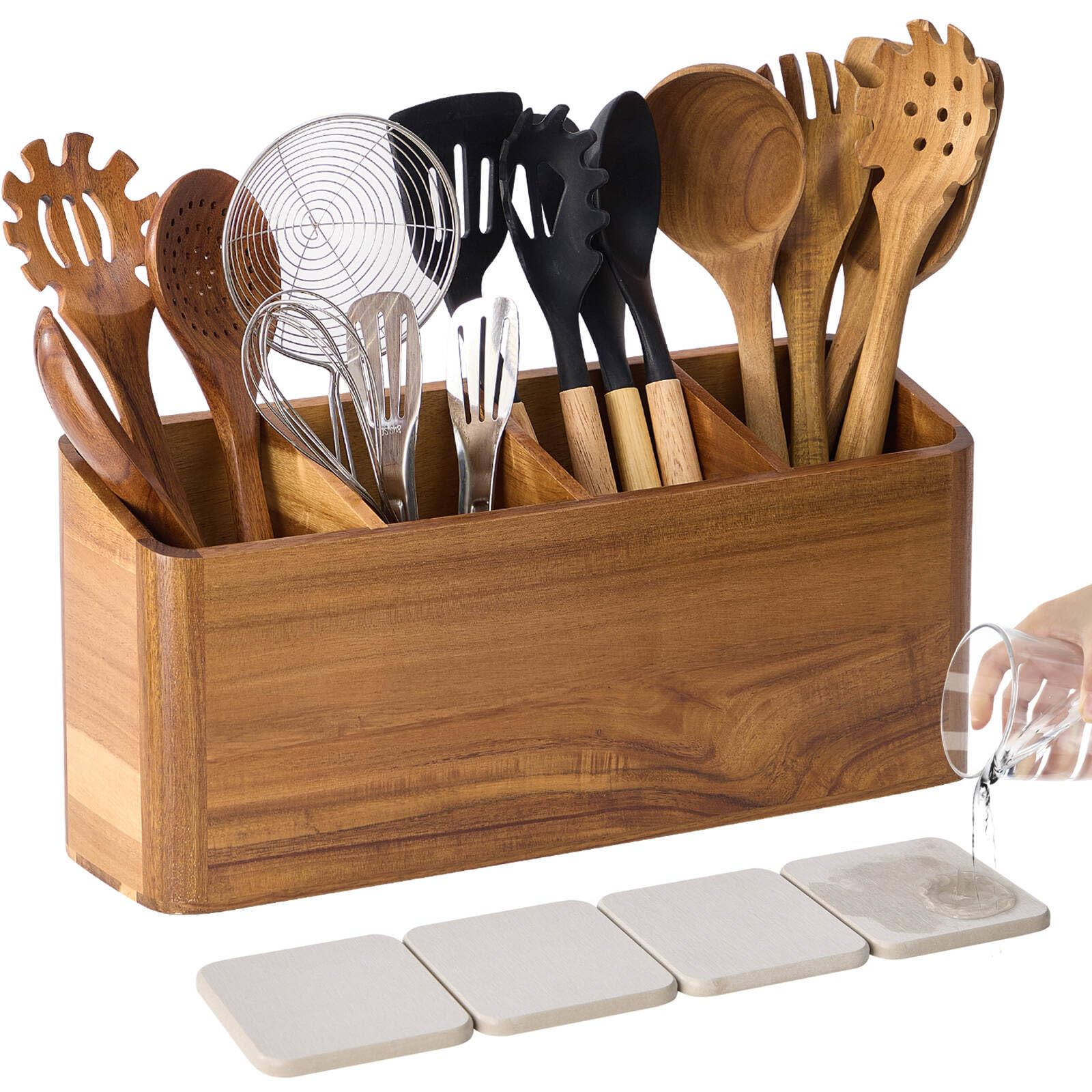 LOHONER soporte utensilios de acacia, 4 compartimentos, mantiene la encimera ordenada