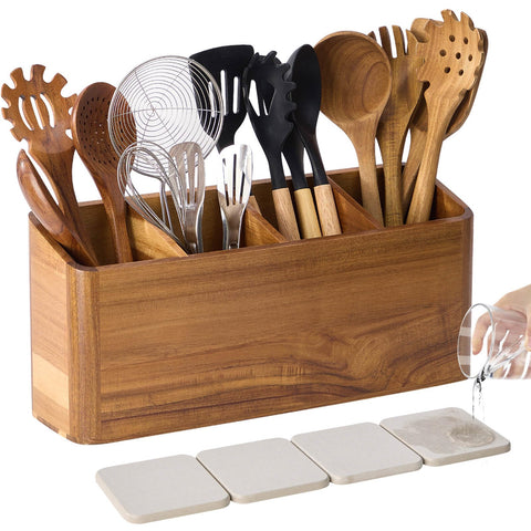 LOHONER soporte utensilios de acacia, 4 compartimentos, mantiene la encimera ordenada
