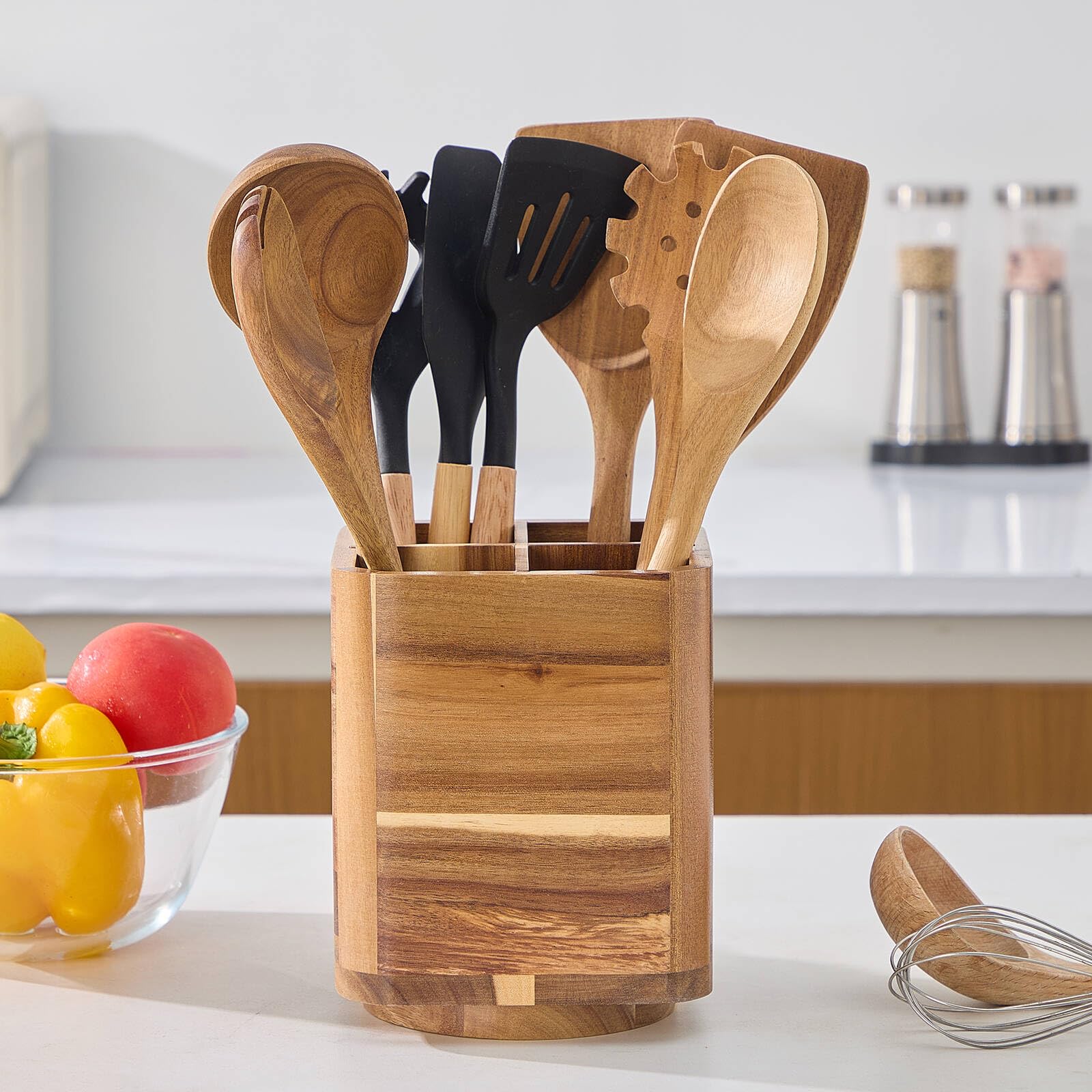 LOHONER porta-utensilios en madera de acacia para organización eficiente.