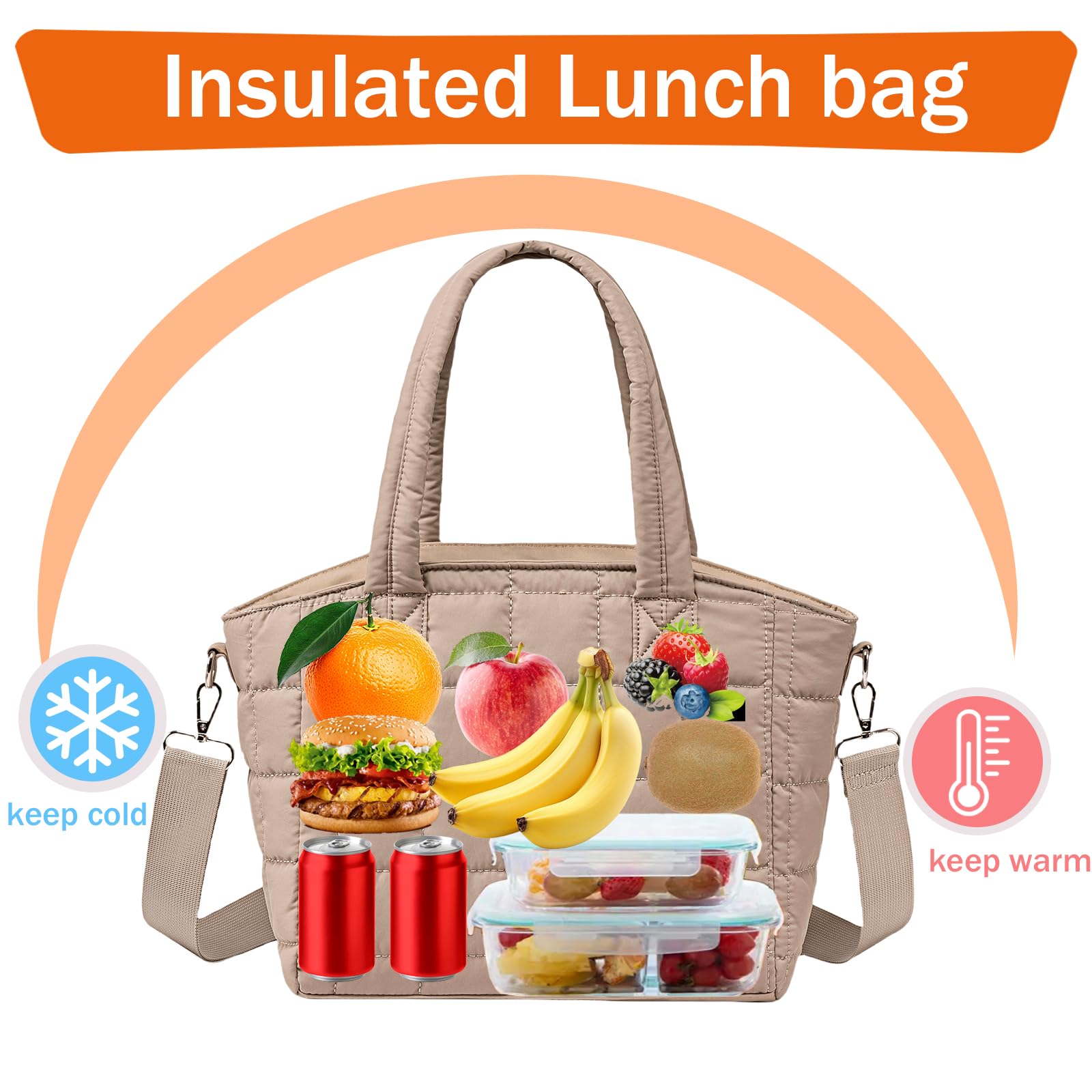 LOIDOU bolsa de almuerzo diseño acolchado, color caqui, añade estilo a tu outfit diario.