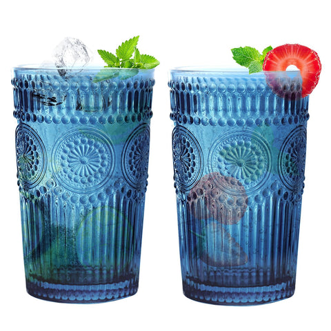 Vasos alta Loivttvv azules con relieve acanalado para bebidas diversas.