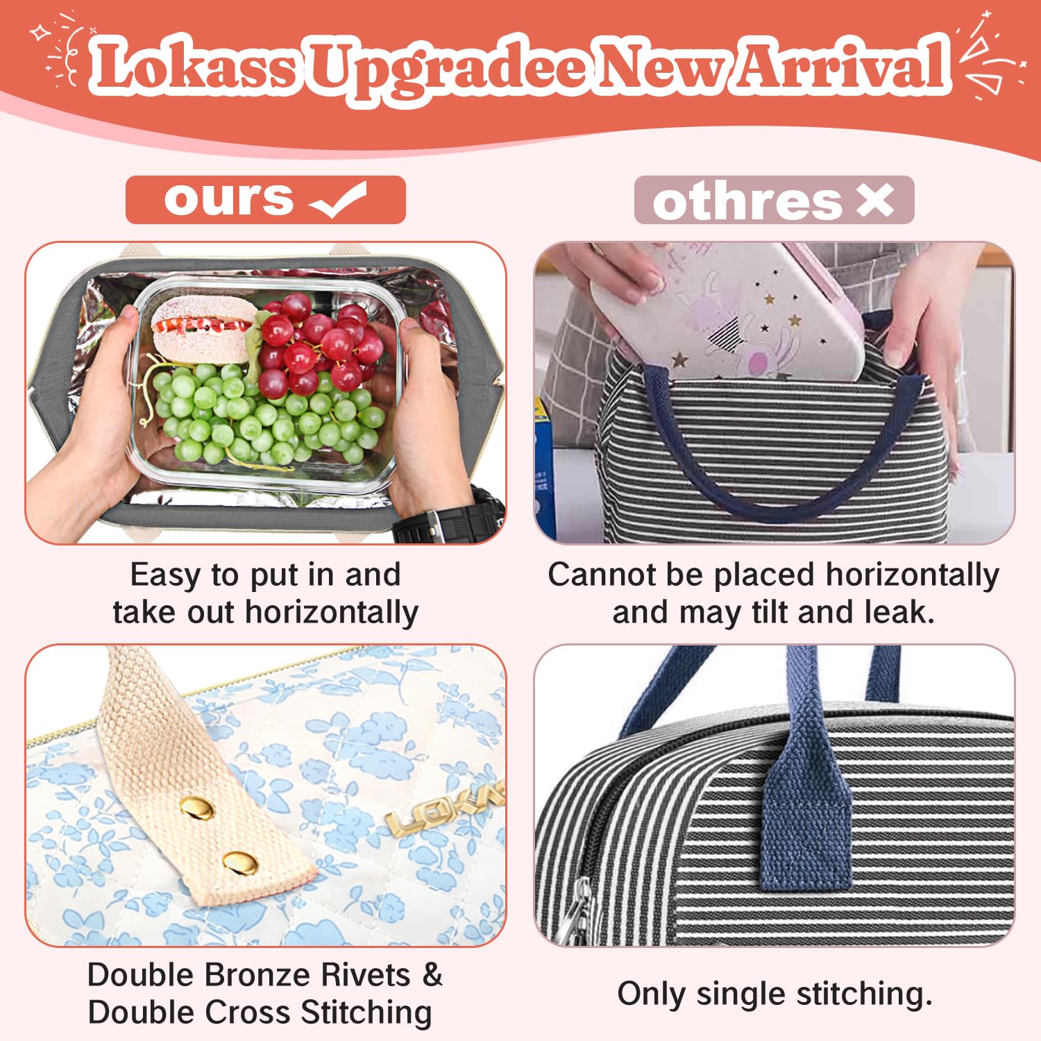 Lokass bolsa lunch, gran capacidad para dos tuppers y bebidas.
