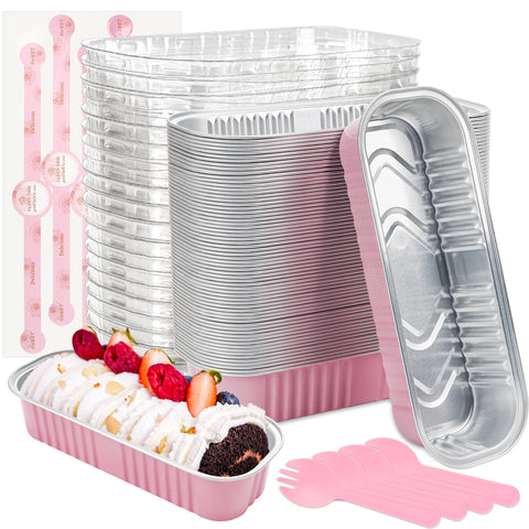 Lokqing mini moldes pan rectangulares rosa con tapas, ideales para hornear y transportar postres.