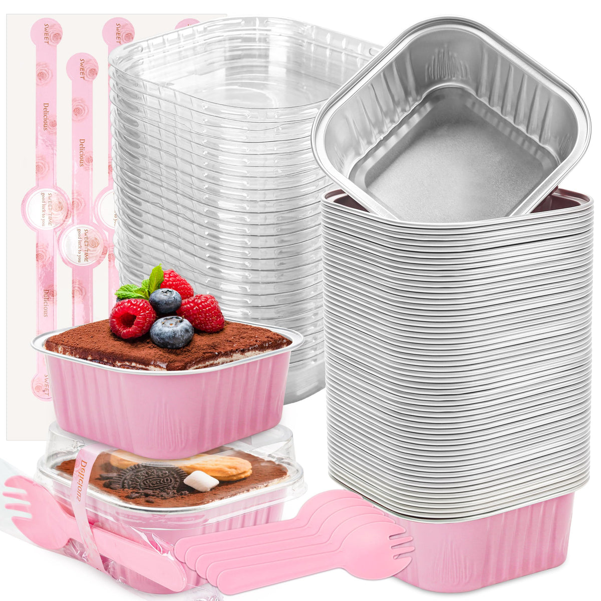 Lokqing molde mini 5 oz rosa con tapa para porciones listas para hornear.