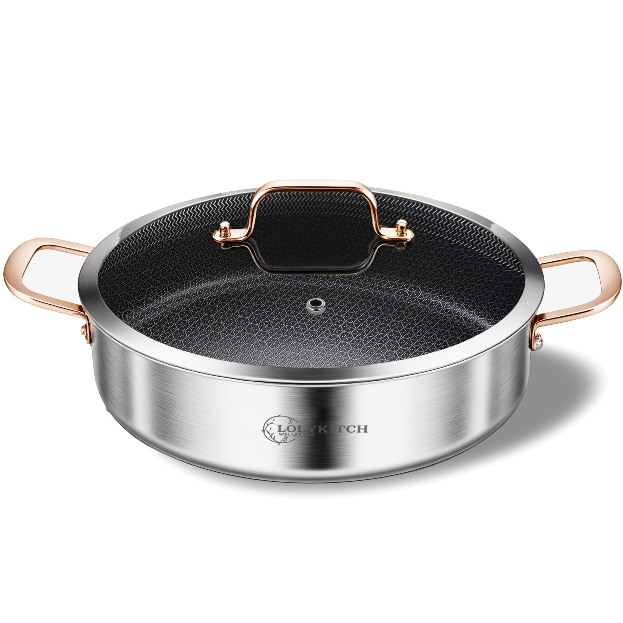 LOLYKITCH sartén 6qt hibrida tri-ply con tapa de vidrio, cocción uniforme.