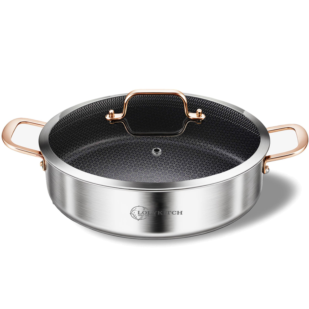 LOLYKITCH sartén 6qt hibrida tri-ply con tapa de vidrio, cocción uniforme.