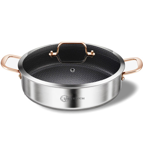 LOLYKITCH sartén 6qt hibrida tri-ply con tapa de vidrio, cocción uniforme.