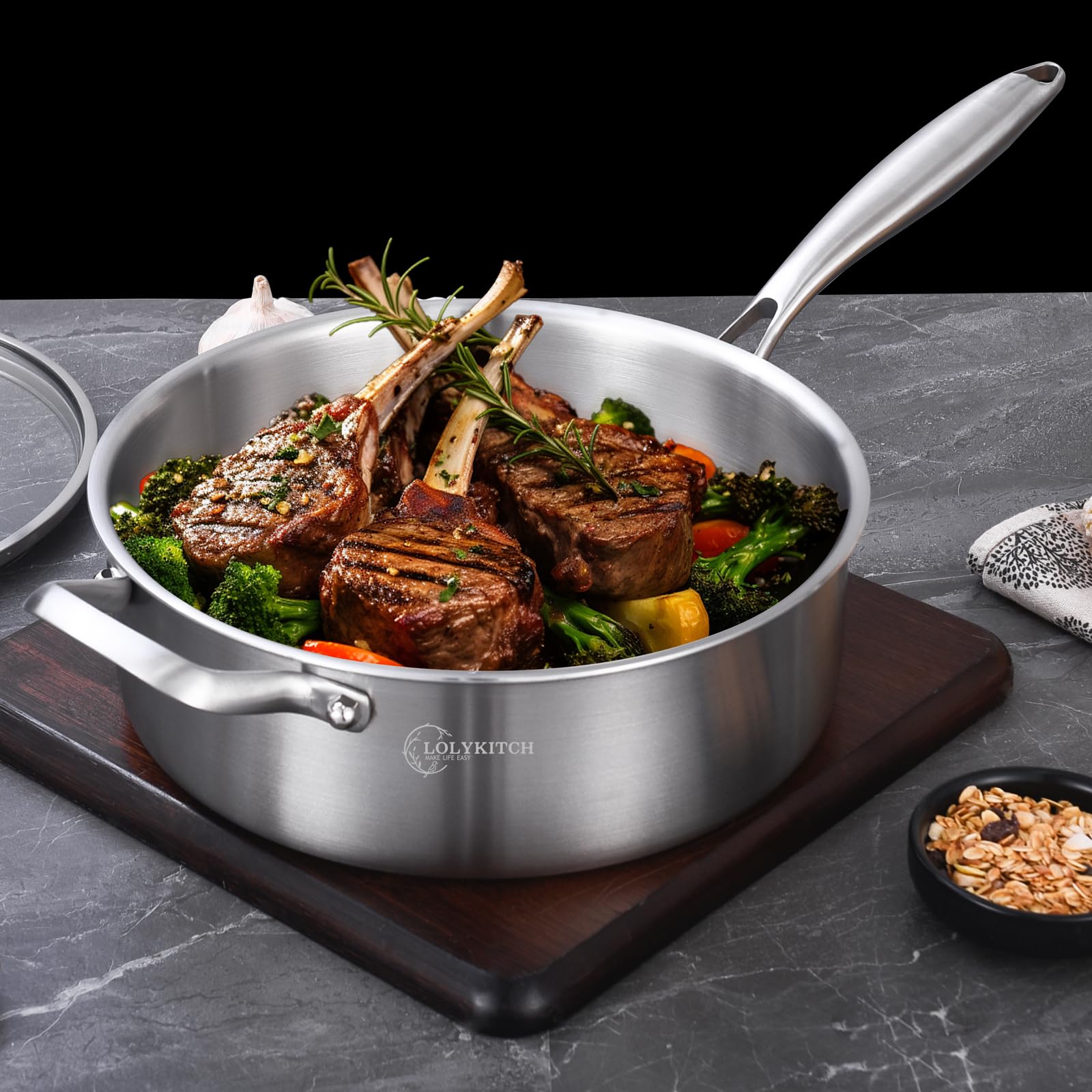 LOLYKITCH Sartén para inducción de tri-ply, compatible con cocinas modernas.