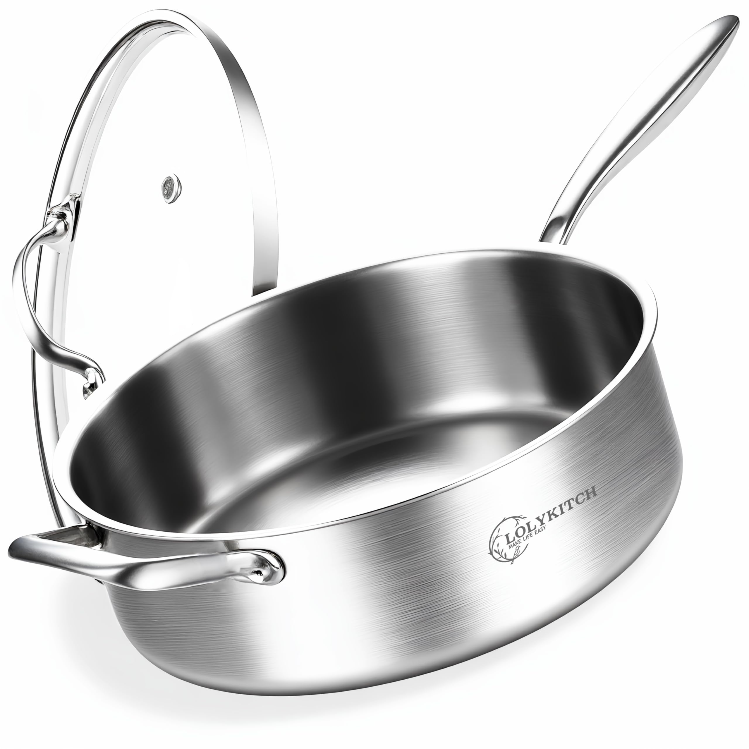 LOLYKITCH Sartén tri-ply 7QT con tapa para dorar y sellar sabores de forma uniforme.