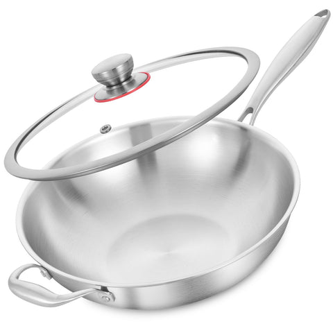 LOLYKITCH wok de triple capa, 13 pulgadas con tapa, calor distribuido de forma uniforme para salteados.