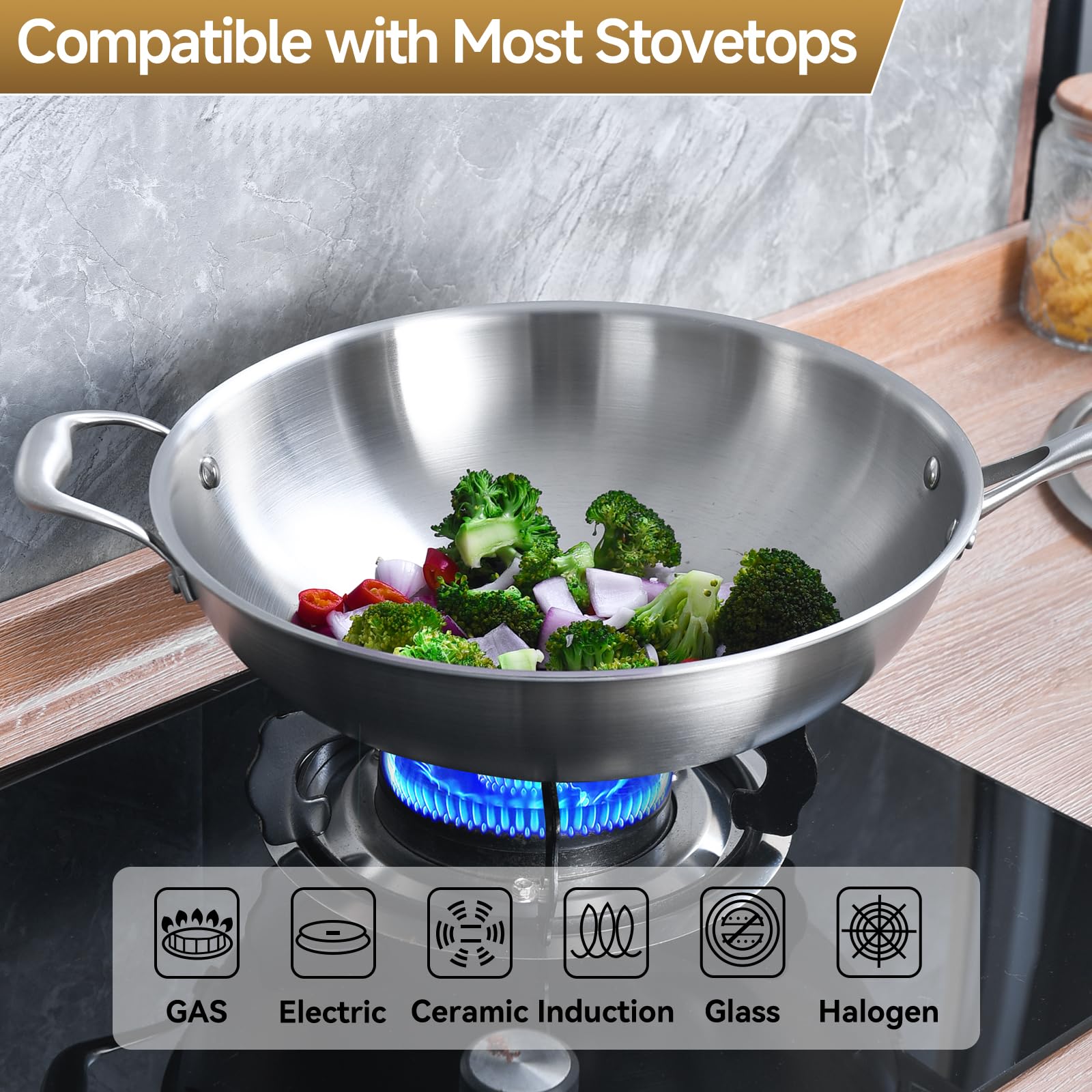LOLYKITCH wok con base de alta conductividad para inducción y distribución rápida del calor.