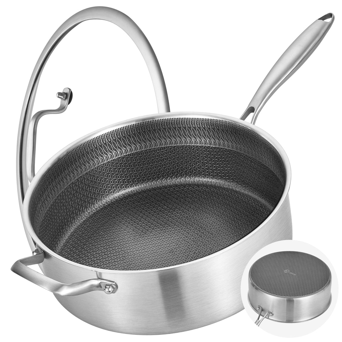 LOLykitch sartén híbrida 7qt con tapa, distribución de calor rápida y estable.