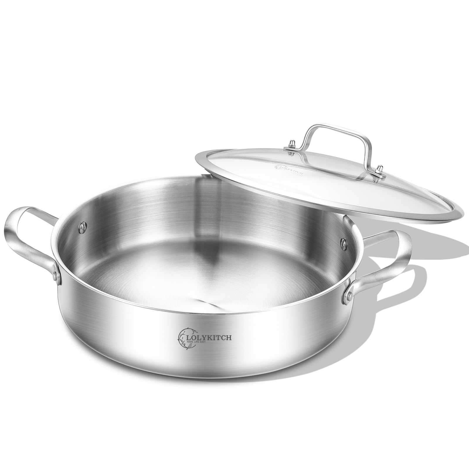 LOLYKITCH Sartén de tres capas 6 Qt con tapa, ideal para inducción y cocción uniforme.