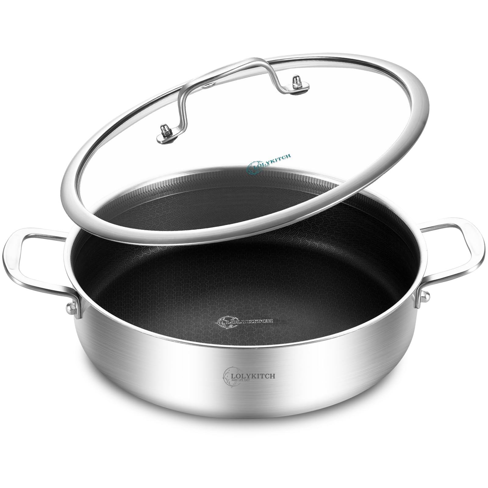Sartén LOLYKITCH tri-ply 12 pulgadas con tapa, distribución uniforme del calor.