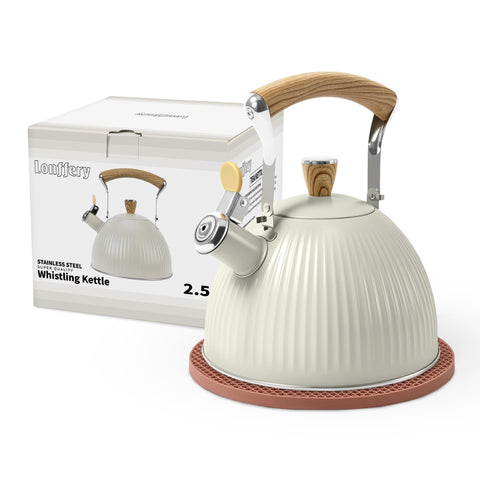 Tetera Lonffery de acero inoxidable crema, capacidad 2,5 cuartos para hervir agua
