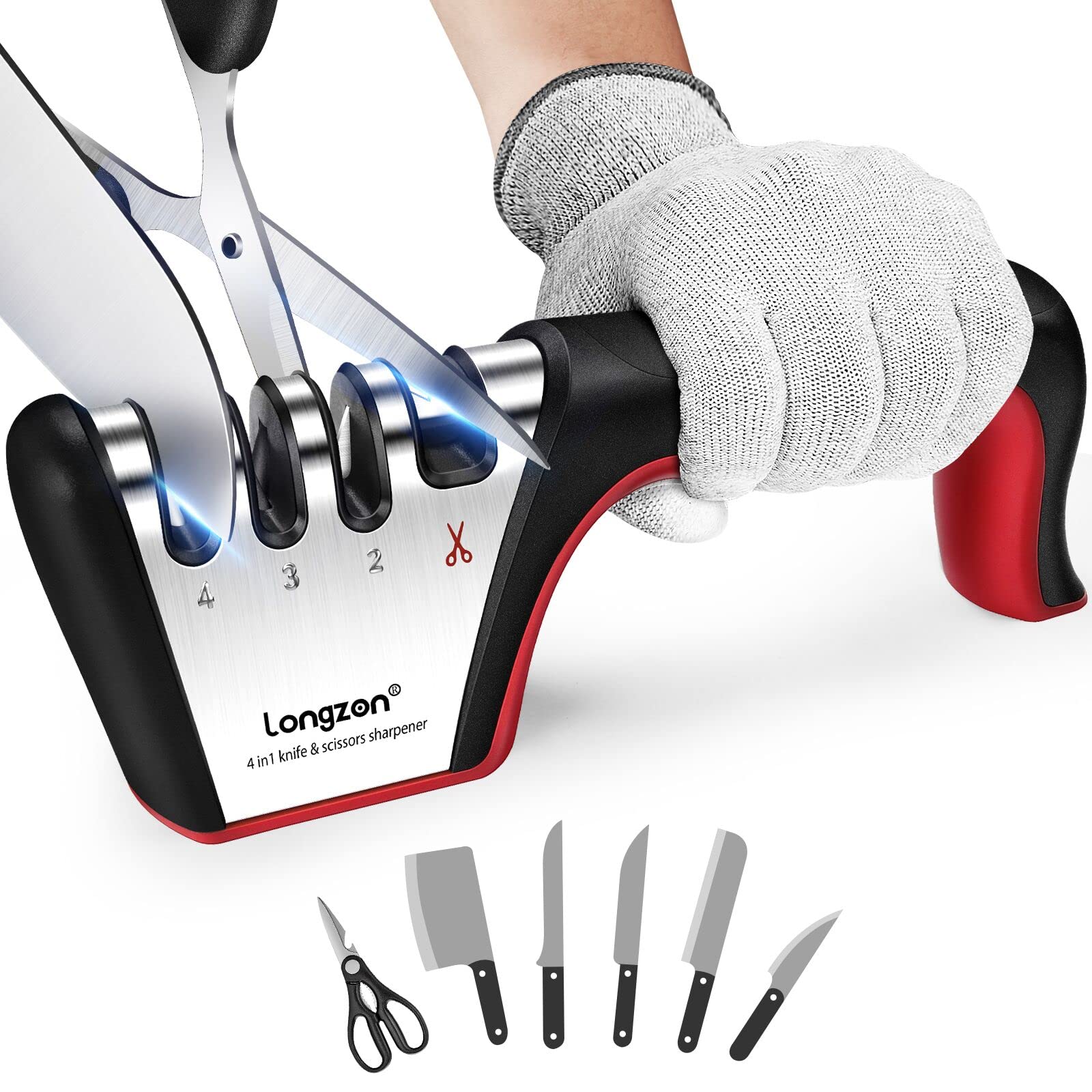 Longzon afilador 4-en-1 para cuchillos: afila con precisión para cortes limpios