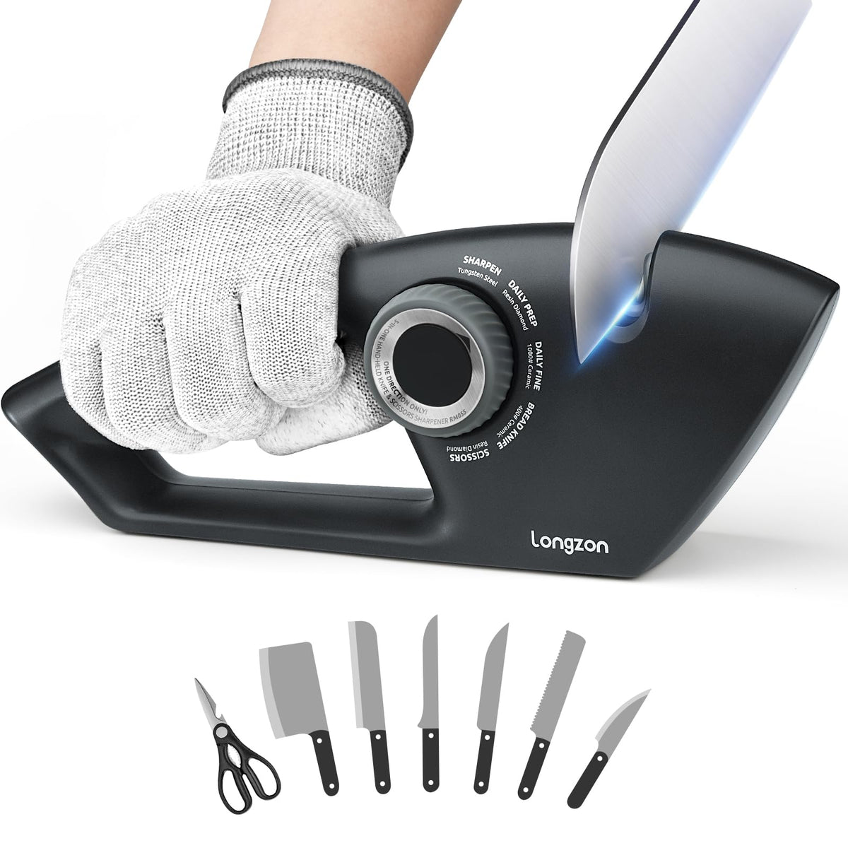 Longzon afilador 5-en-1 para cuchillos rectos y dentados, mejora el filo con uso diario.