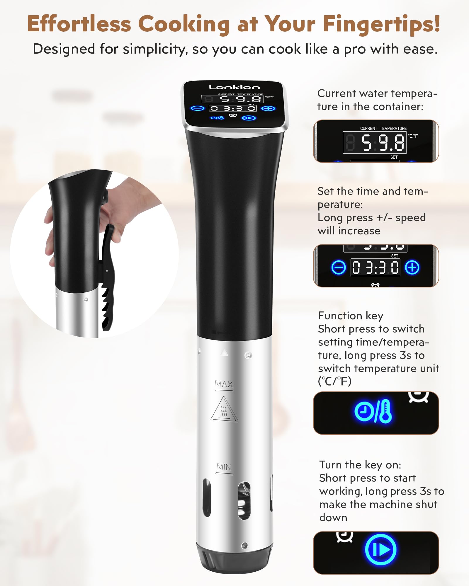 Lonkion cocedor con IPX7, limpieza segura y protección.