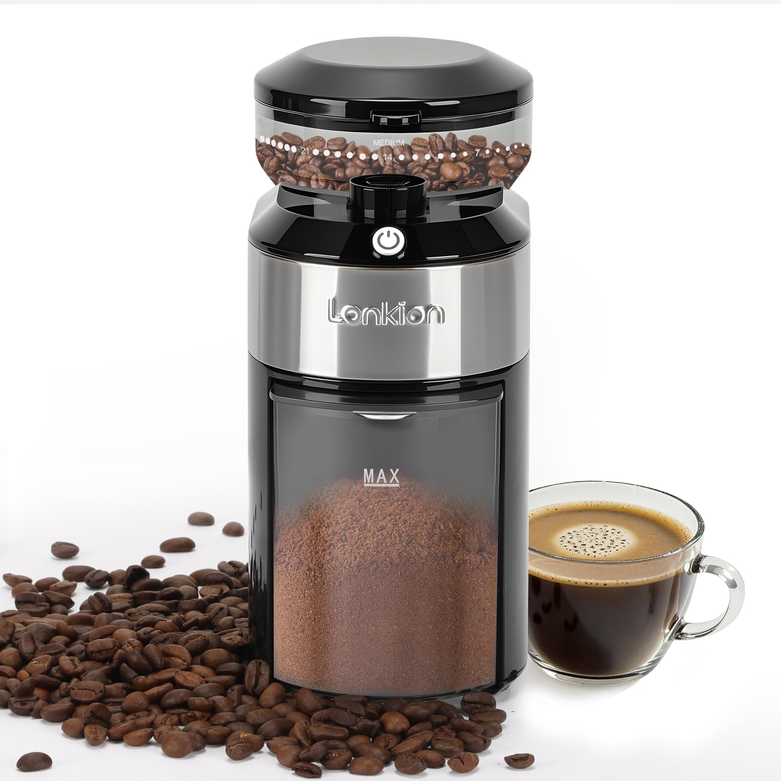 Molinillo de café Lonkion con muelas planas para molienda uniforme.