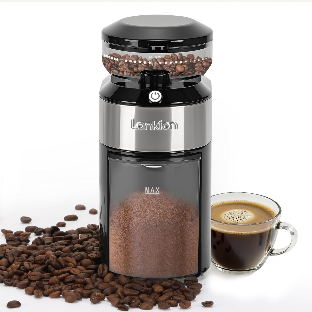 Molinillo de café Lonkion con muelas planas para molienda uniforme.