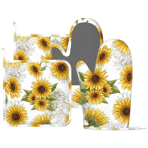 Guantes de horno LONSANT con girasol amarillo ofrecen agarre seguro al manipular bandejas calientes.