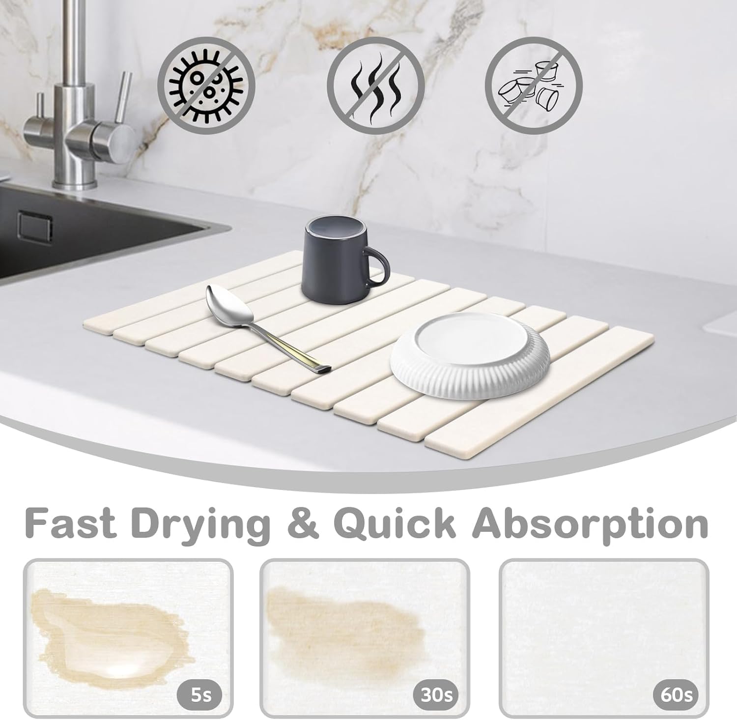 Lonsta material diatomita natural, alta absorbencia para secar utensilios rápidamente.