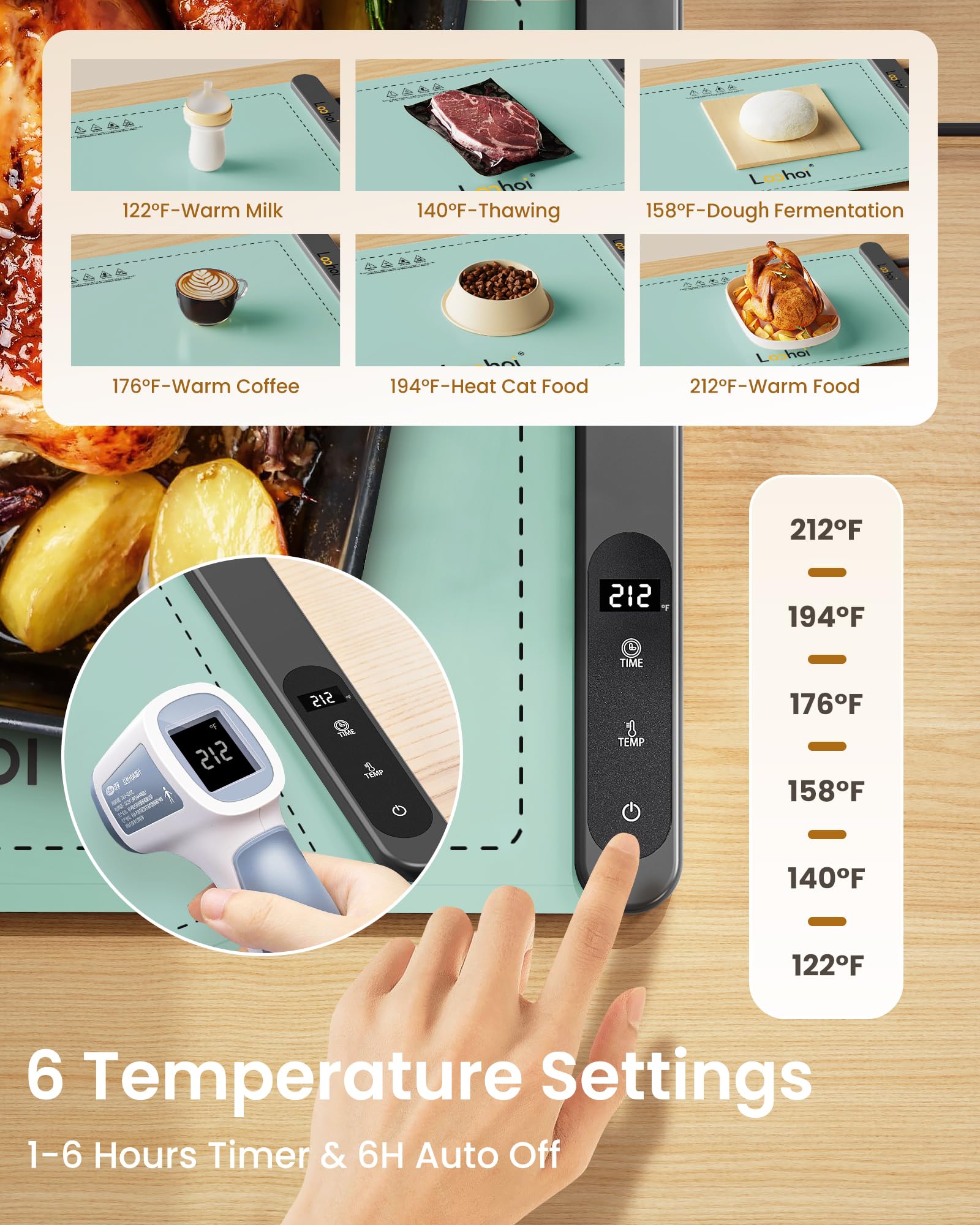 LOOHOI alfombrilla calentadora con 6 niveles de temperatura para diferentes platos.