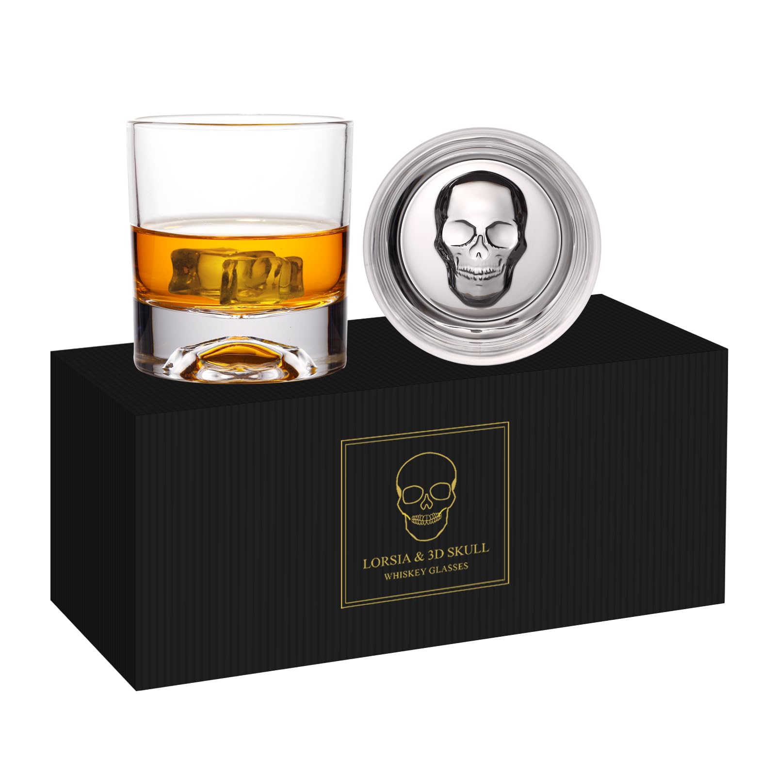 Vaso de whisky LORSIA con cráneo en base para una experiencia elegante.