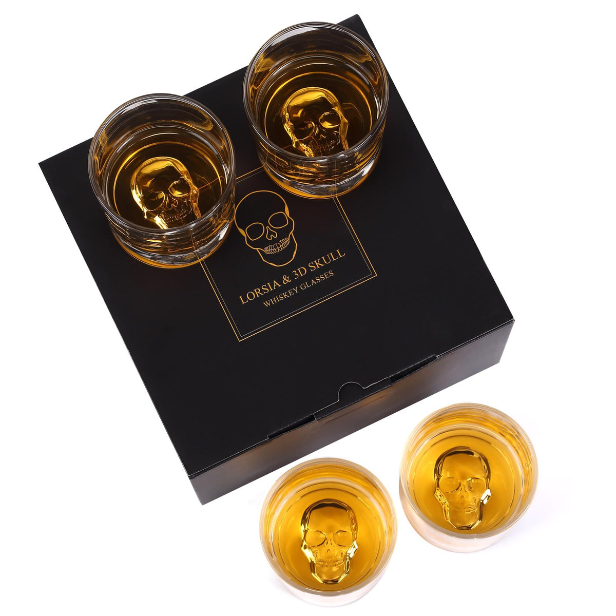Vasos de whisky LORSIA con calavera de cristal, ideales para degustaciones.