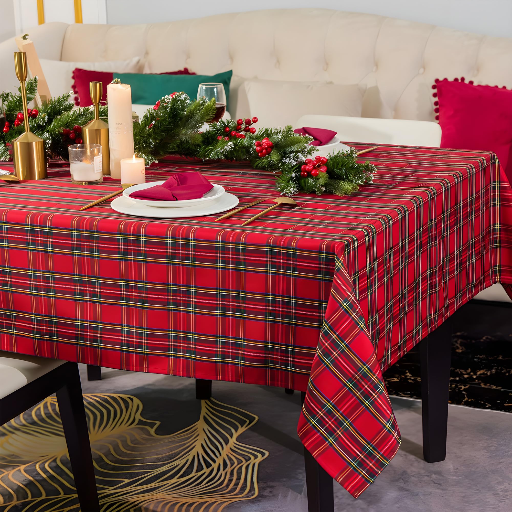 Mantel LOSIVISHE en cuadros rojos, frente de mesa impermeable para cenas navideñas sin manchas.