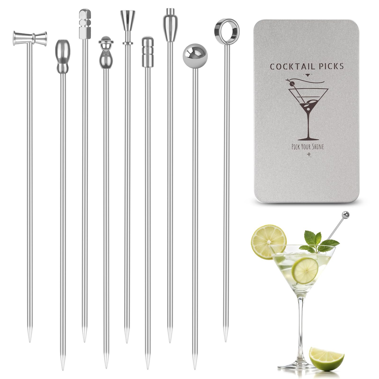 Losneg palillos martini metal 9 piezas de acero inoxidable para cócteles.