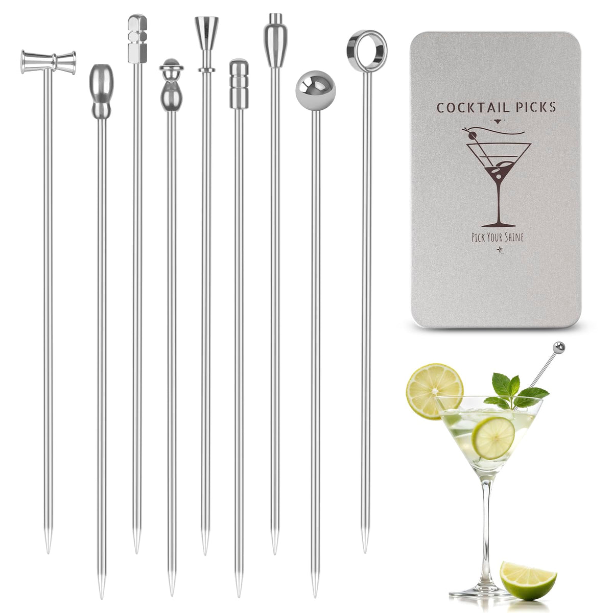 Losneg palillos martini metal 9 piezas de acero inoxidable para cócteles.