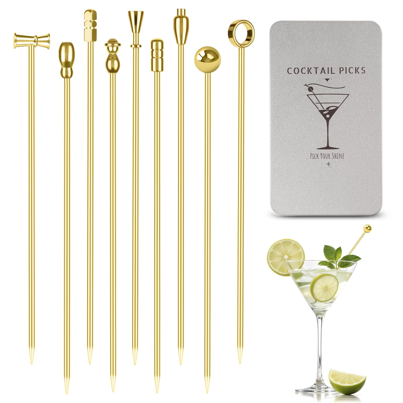 Pica martini dorada de Losneg en acero inoxidable para aceitunas.