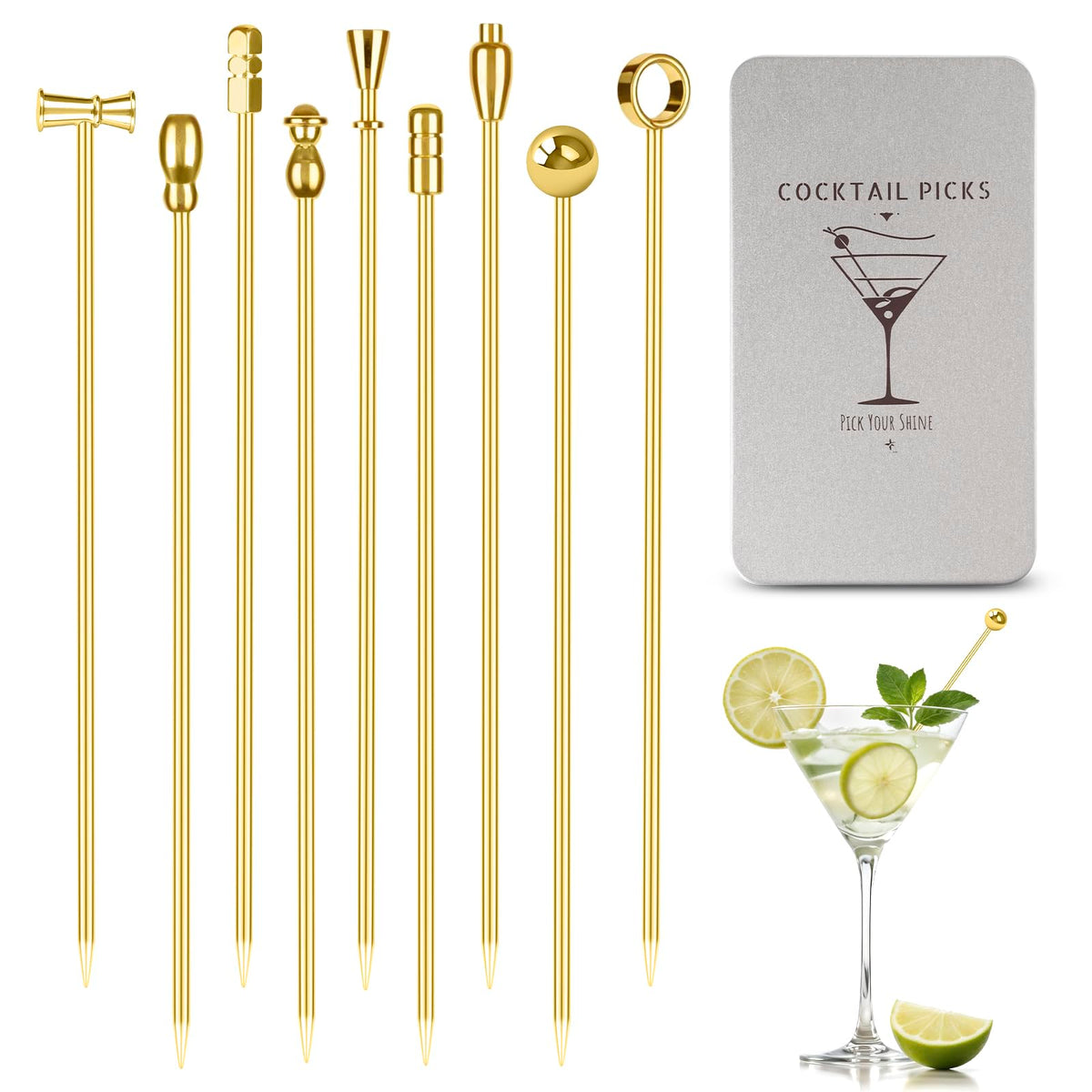 Pica martini dorada de Losneg en acero inoxidable para aceitunas.