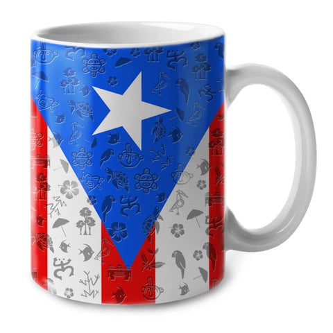 Taza Lotacy con bandera y símbolos de Puerto Rico, ideal para recordar el orgullo regional.