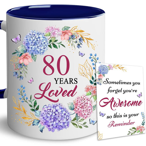 Taza LOTWATEGO 80 años para mujer, ideal para café matutino.