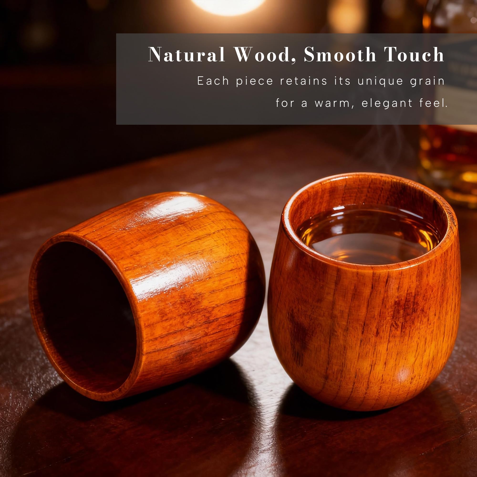 Vasos Lounbfun con veta de madera única para momentos de degustación en casa.