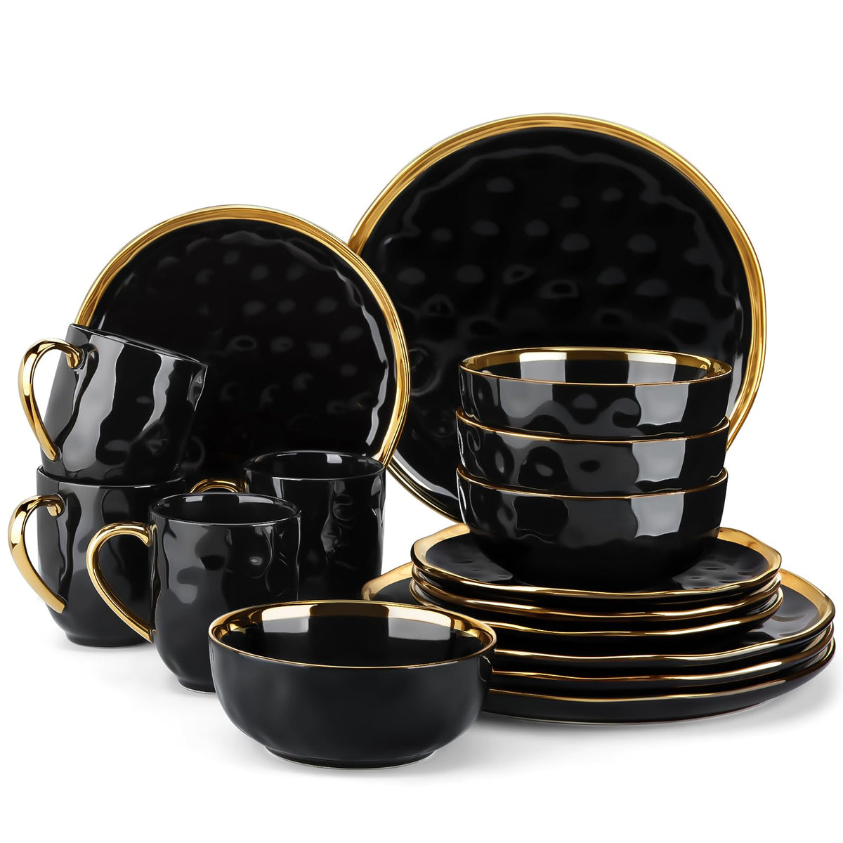 LOVECASA 16 piezas: platos y tazones negros con bordes dorados para cenas elegantes