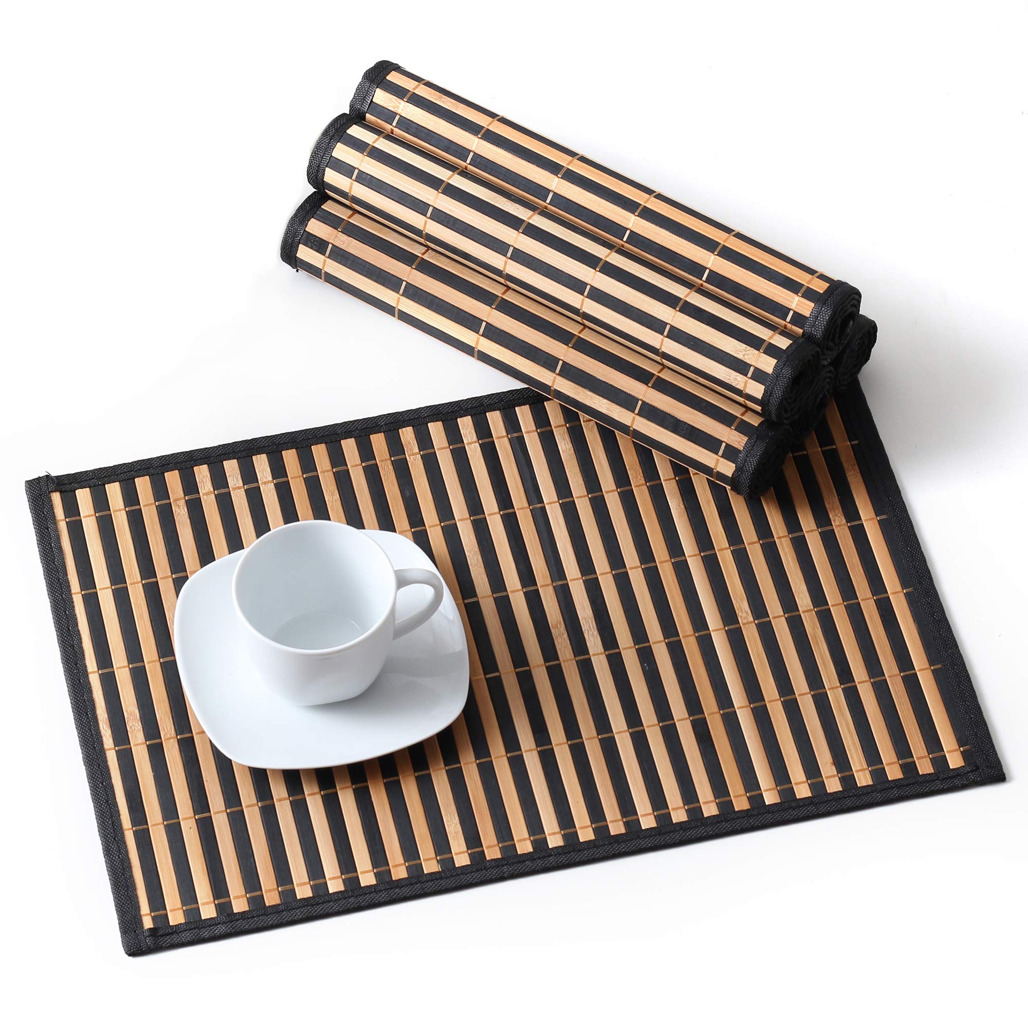 LOVECASA manteles individuales de bambú con hojas negras, protección y estilo natural.