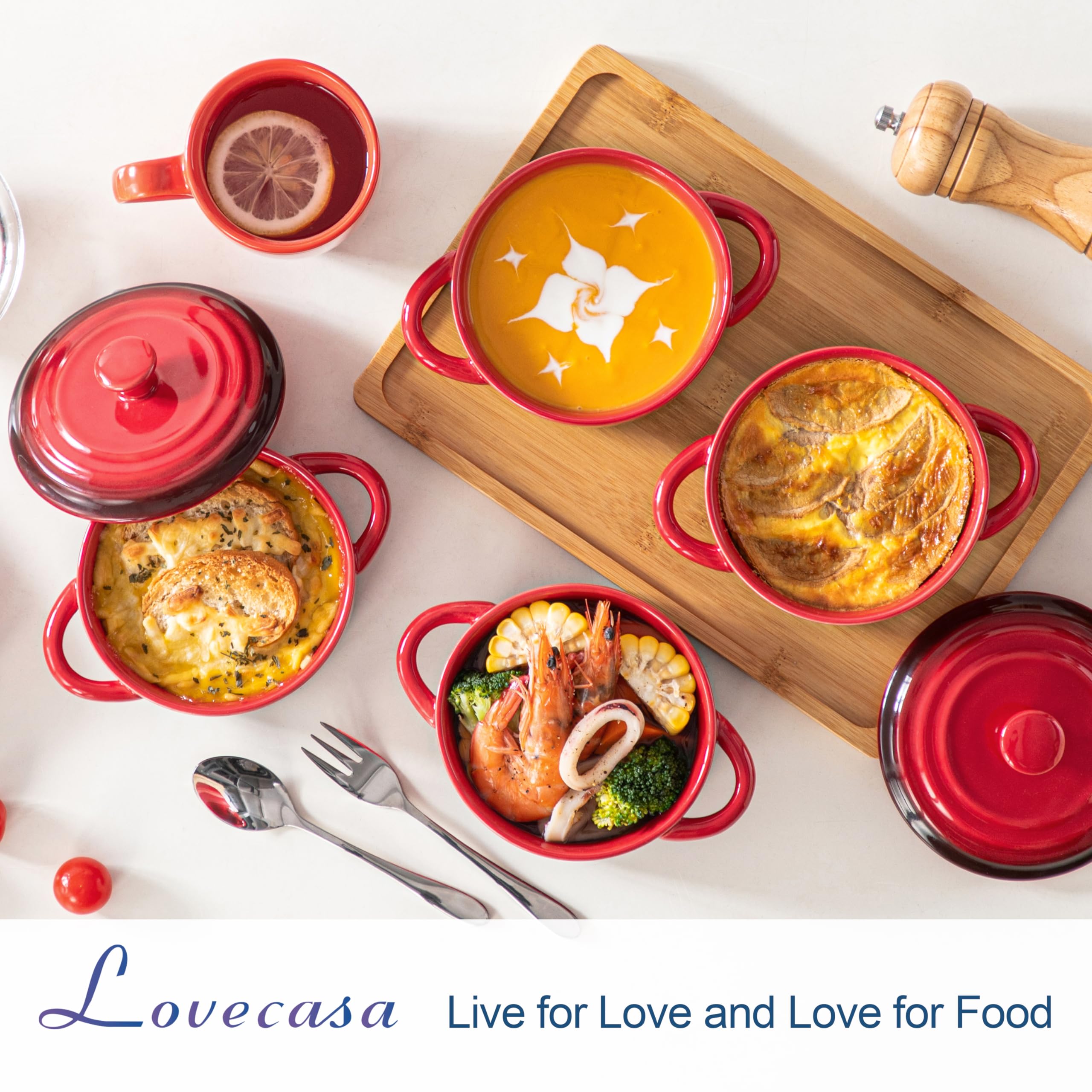 LOVECASA cerámica roja con tapas apta para horno y mesa elegante
