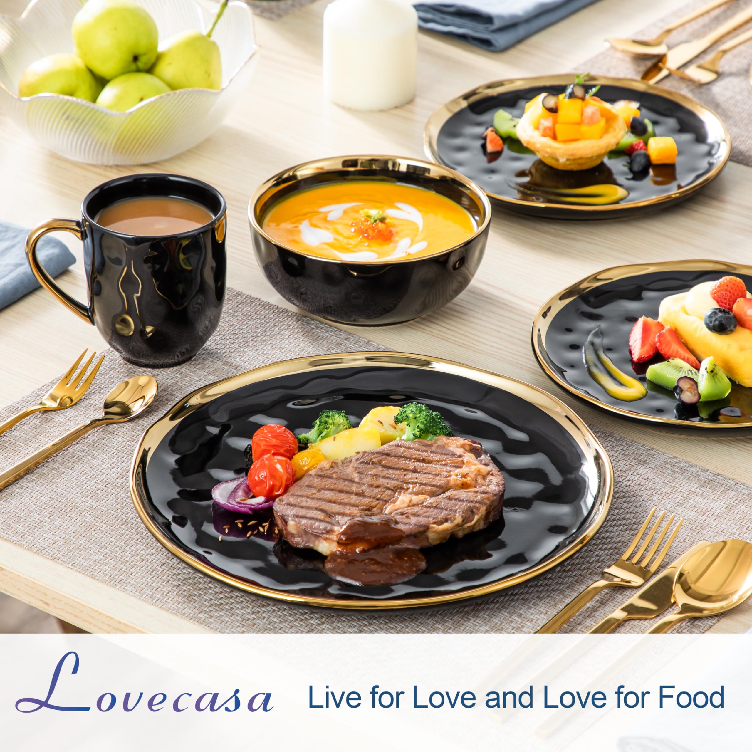 LOVECASA platos-postre-21cm negro-dorado para presentación sofisticada