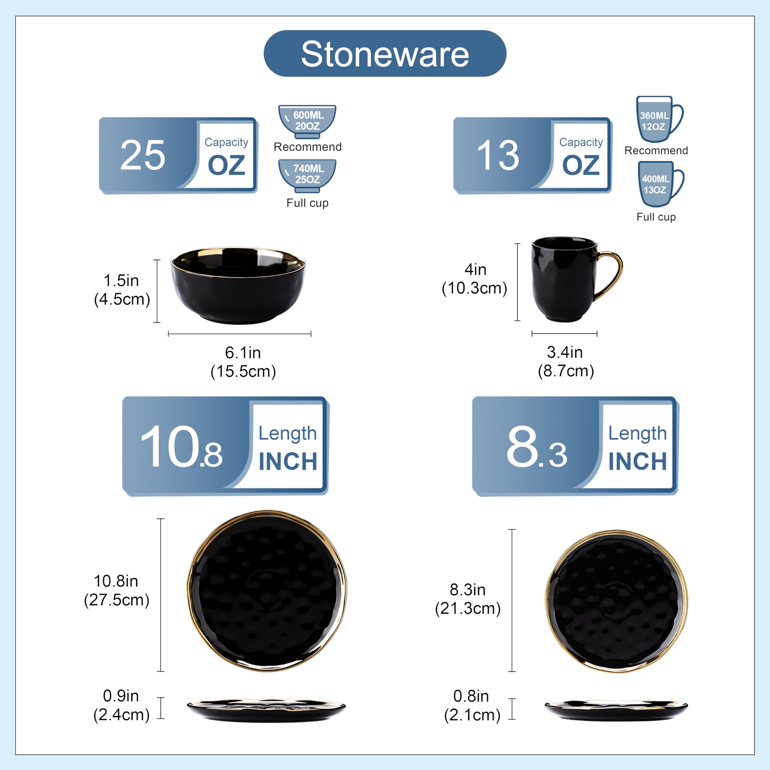 LOVECASA platos-diner-26cm negro-dorado para uso diario duradero