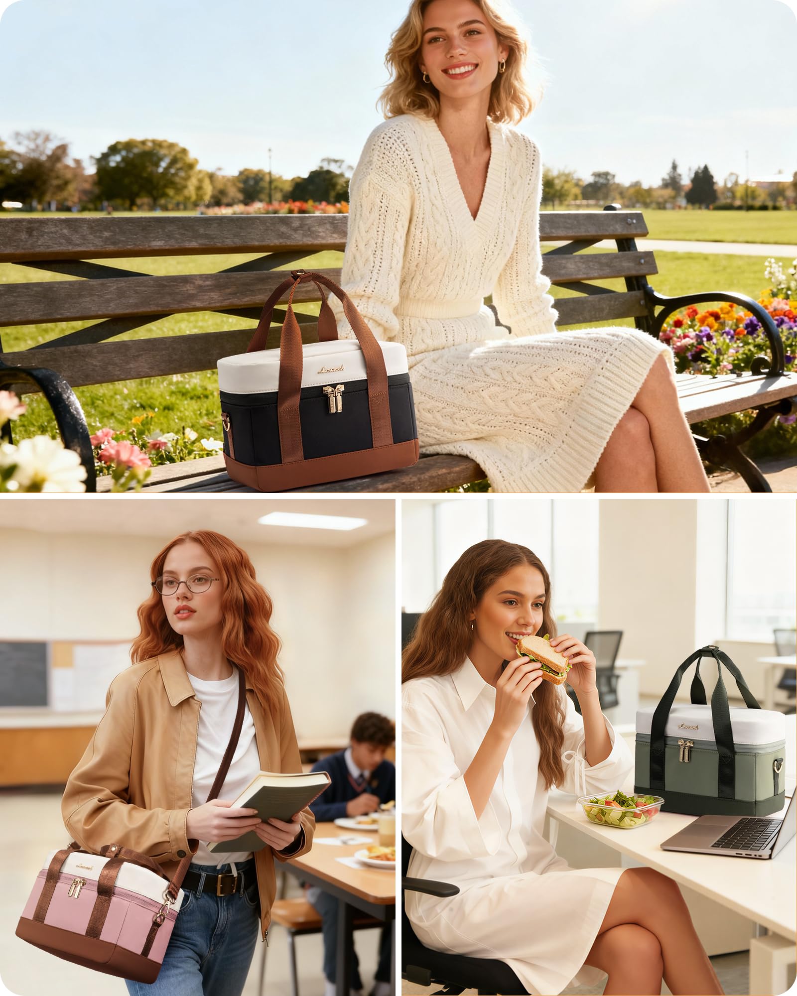 LOVEVOOK bolsa de almuerzo aislada rosa, vista lateral con correa ajustable