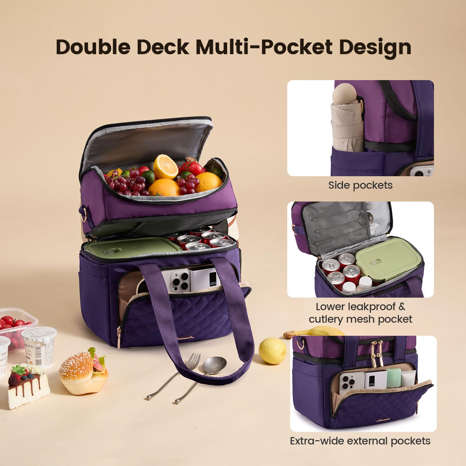 LOVEVOOK bolsa de almuerzo mujer bolsillo frontal para utensilios y teléfono