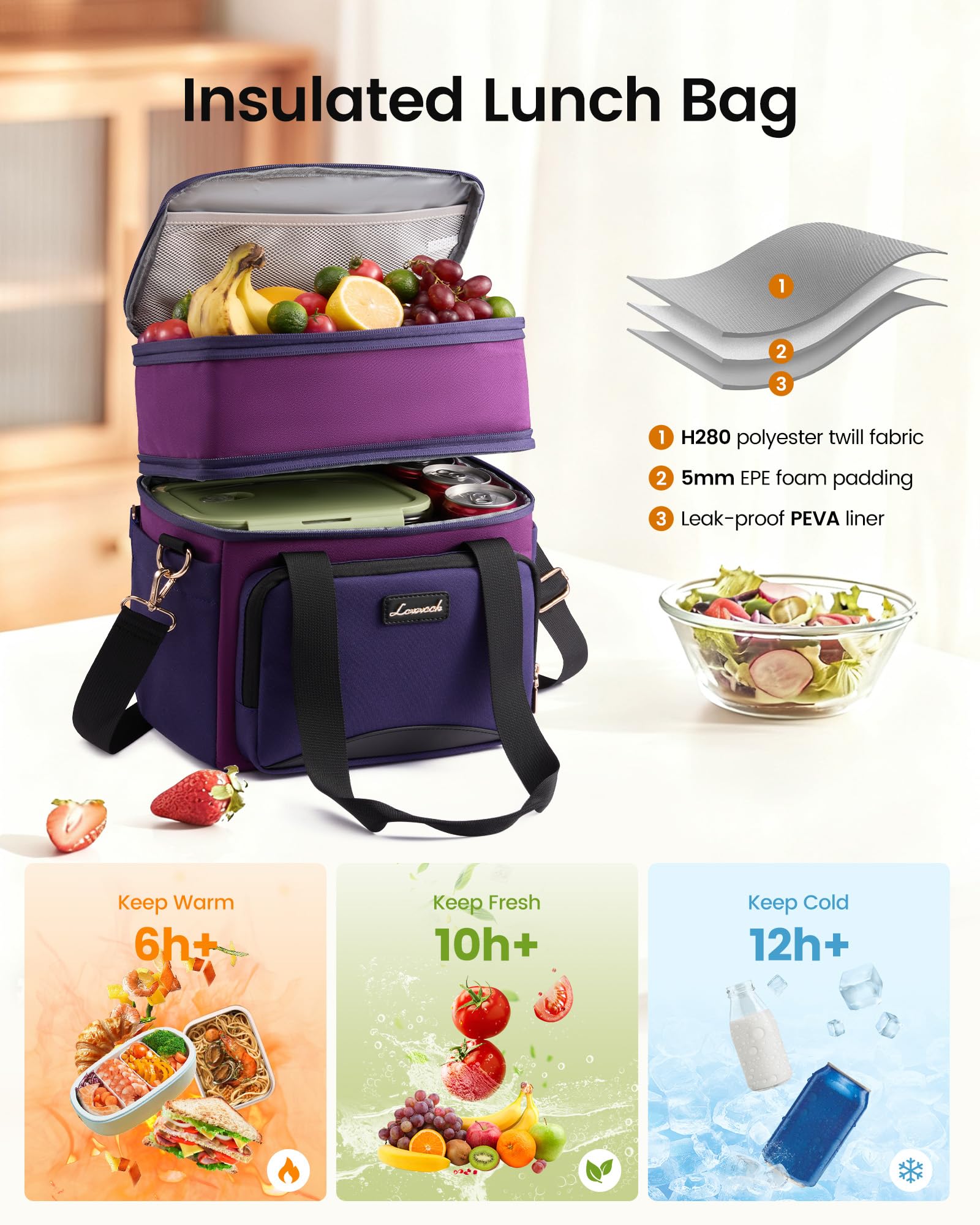 LOVEVOOK interior impermeable y anti-derrame para transporte seguro de alimentos.