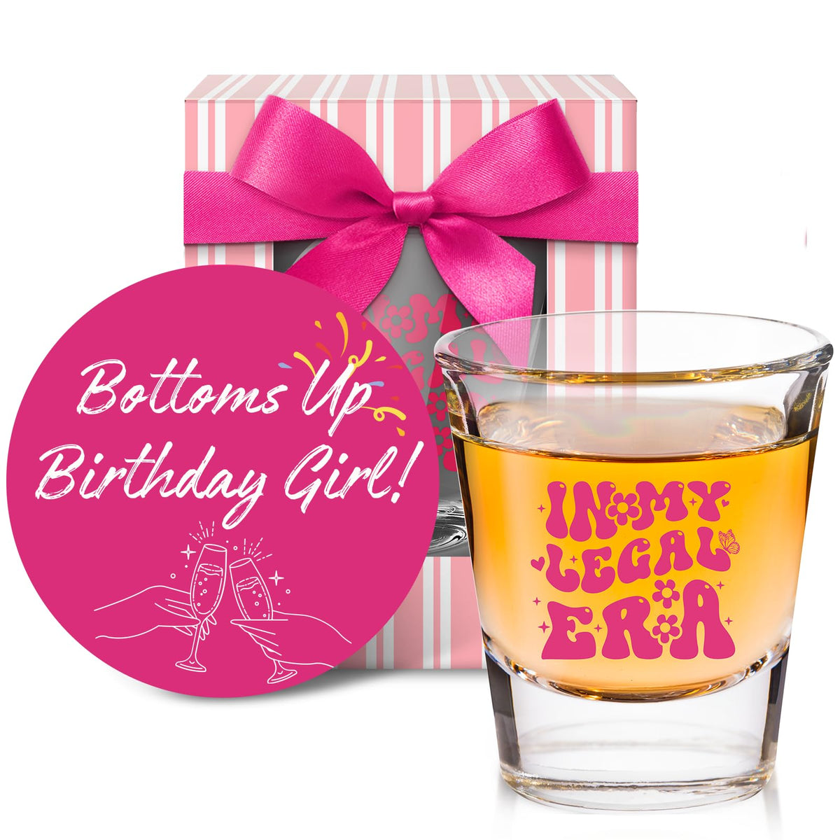 LOVEVOYAGE vaso chupito 21 rosa, perfecto para brindar en celebraciones.