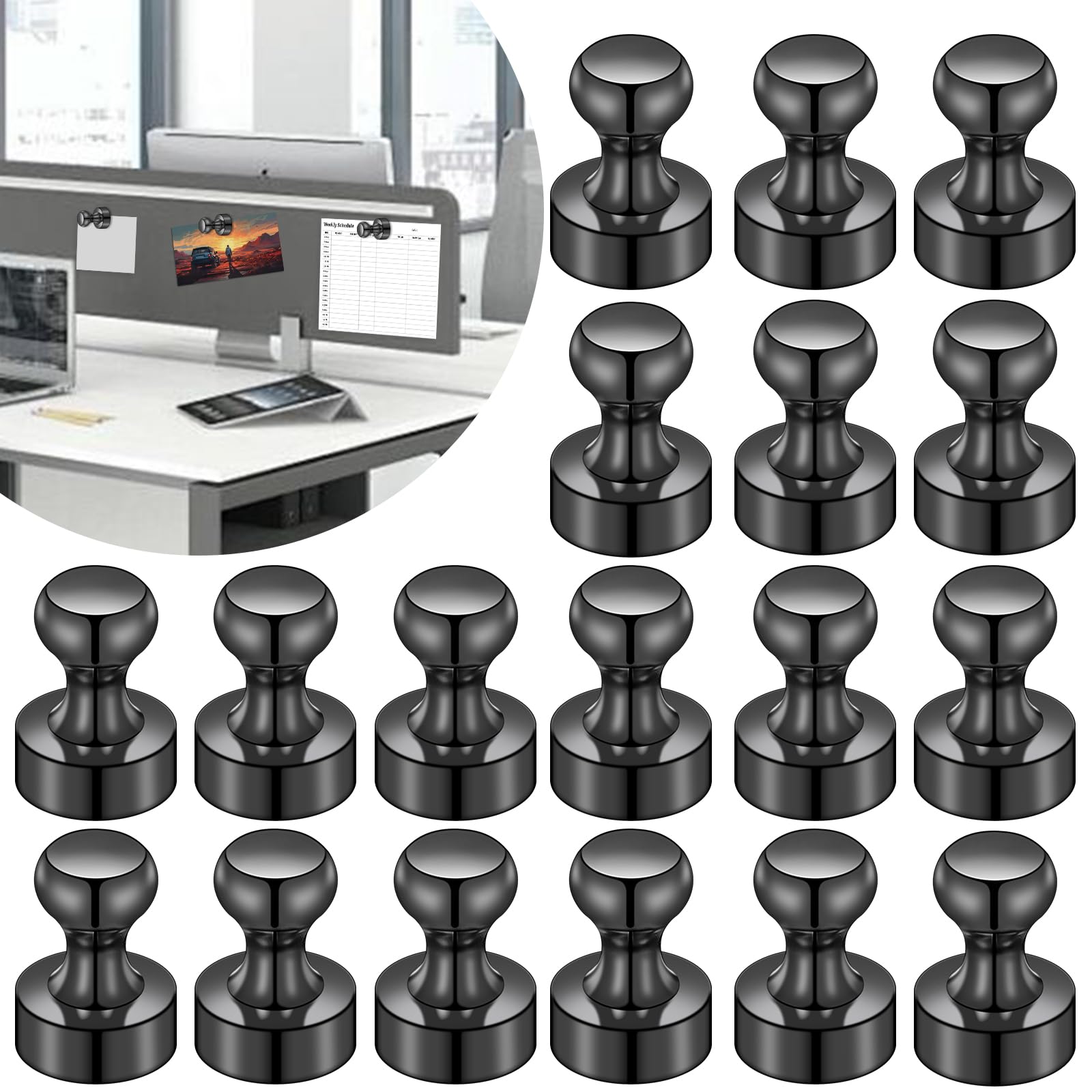 Imanes Lovimag para frigorífico de 20 piezas negros, ideales para organizar notas y recordatorios.