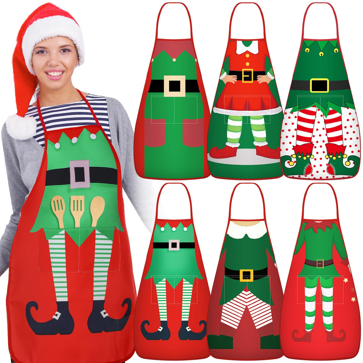 Delantal LOYIM navideño con bolsillos, práctico para cocinar con estilo festivo.